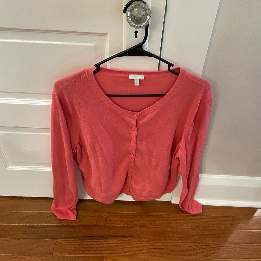 Talbots Coral Pink Button-Front Crewneck Cardigan
